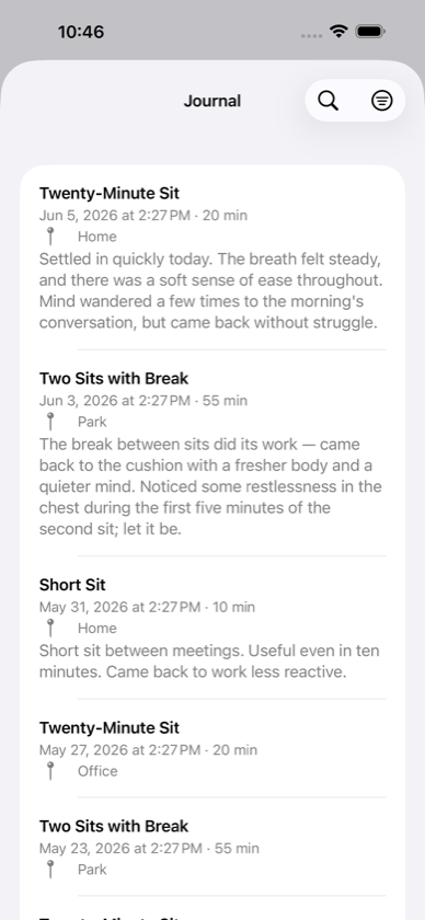 Screenshot of the journal in The Sit, showing dated entries with notes after each meditation session
