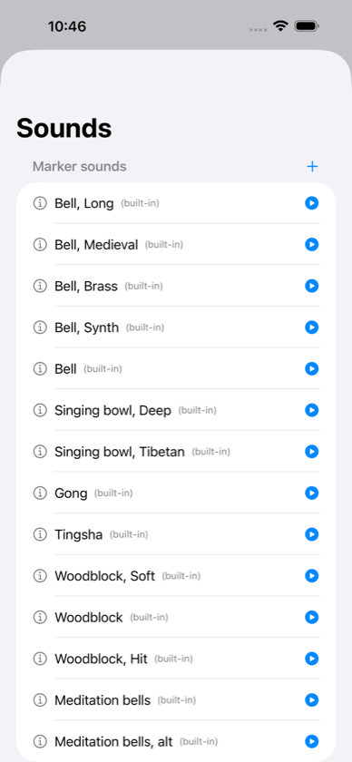 Screenshot of the sound library in The Sit, listing built-in bells, singing bowls, gongs and woodblocks
